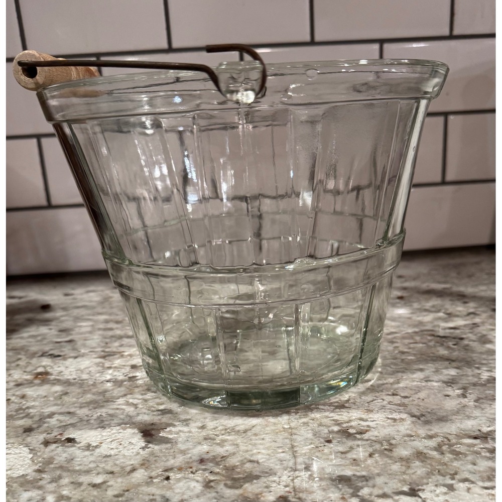 Anchor Hocking Vintage Glass Ice Bucket Basket Weave Wood Wire Handle Clear